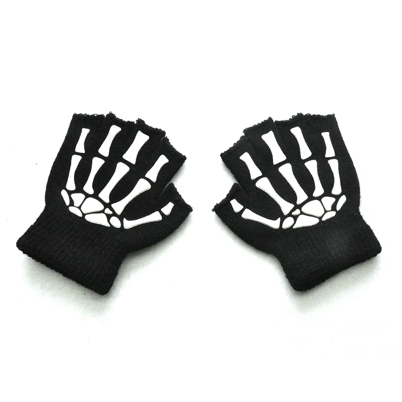 Wecute Toddler Kid Halloween Cosplay Skeleton Skull Half Finger Glove Glow in the Dark Luminou Fingerless Children Winter Mitten