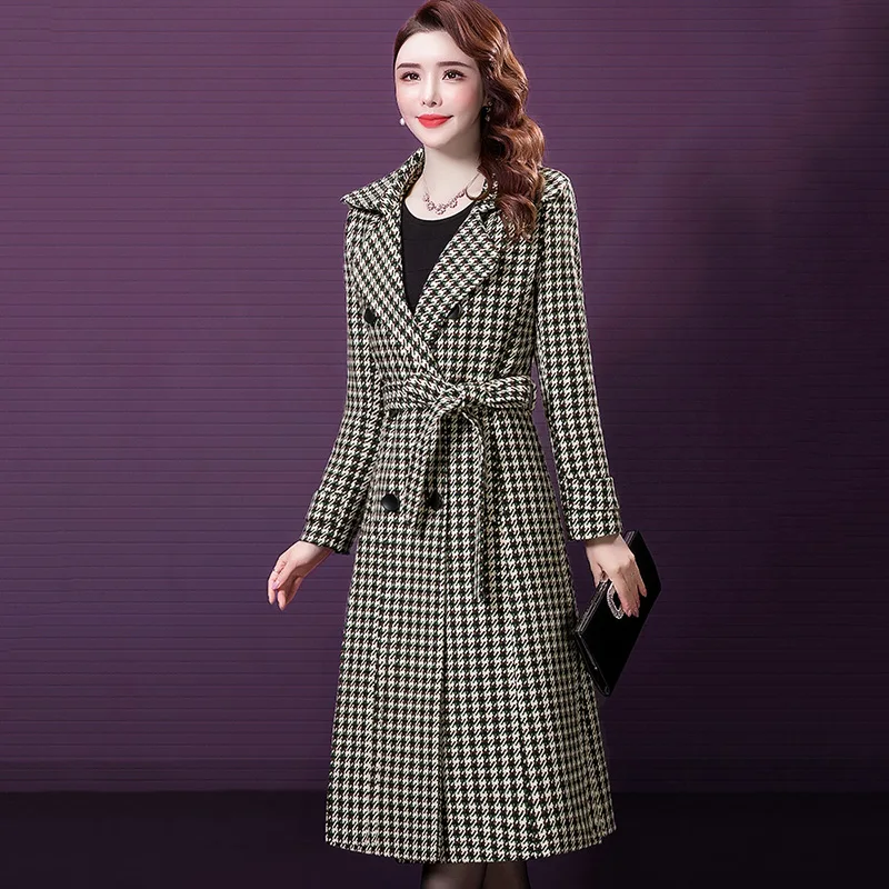 Women Plaid Cashmere Coat Autumn Winter Jacket Female Thick Woolen Windbreaker Length Oversize 5XL Mother Casual Woolan Overcoat