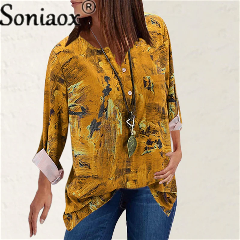 Tie Dye Printed Shirt 2021 Autumn Women Loose Long Sleeve V-Neck Top Casual Buttons Shirt Ladies Street Vintage Blouse