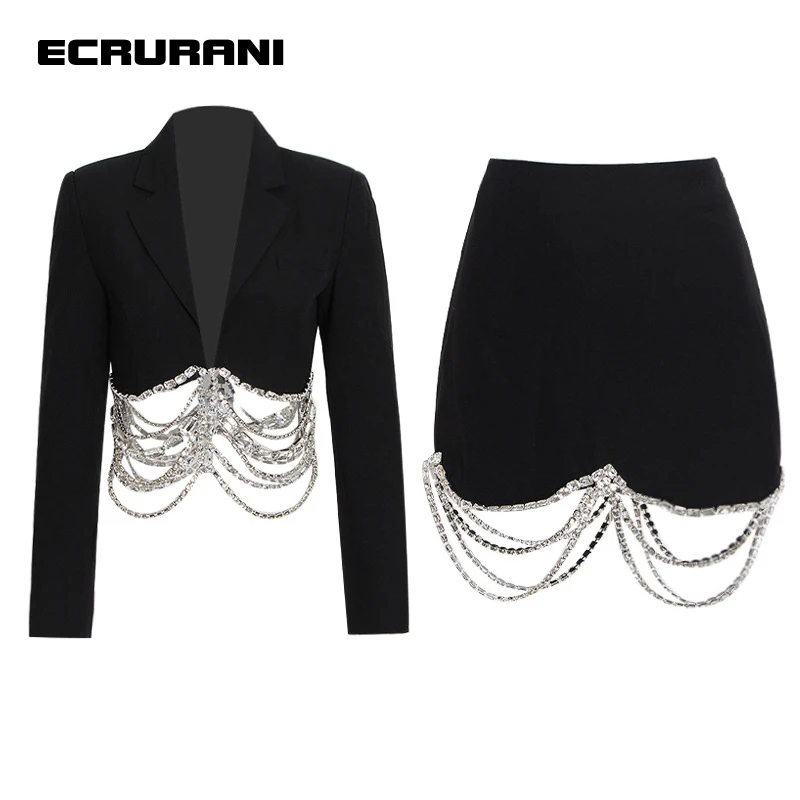 

ECRURANI Black Casual Patchwork Skirt Suits For Women Notched Long Sleeve Chian Blazer High Waist Mini Skirts Women's Spring Set