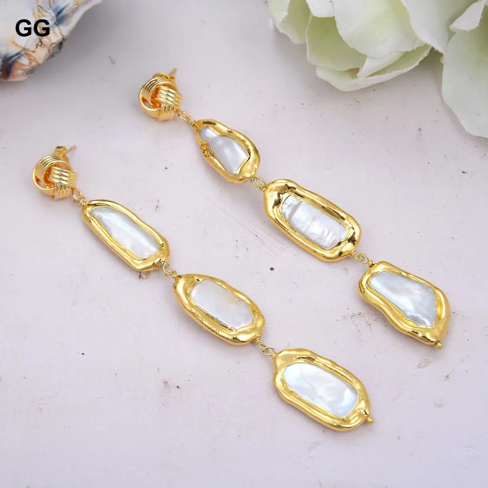 GG Natural Cultured White Biwa Pearl With Electroplated Edge Dangle Stud Earrings Luxury For Women Lady Gift