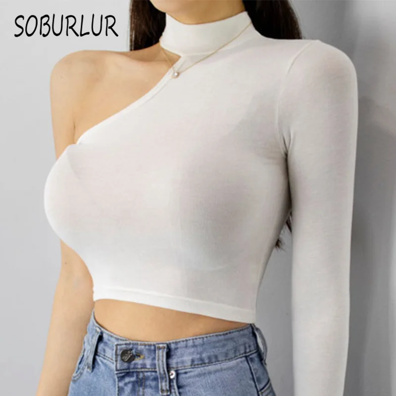 SOBURLUR Sexy Chic Women's T-Shirts Off Shoulder Tops For Girls Lady Crop Top Woman Clothing New Preppy Tees Tunics 2021 Summer