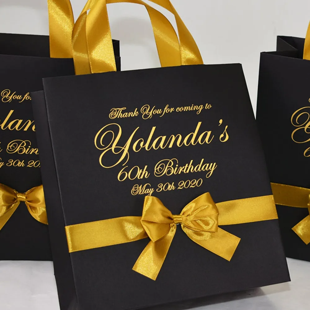 Personalized  Birthday Party Favor Bags with satin ribbon bow and name, Elegant Black & Gold 50th Anniversary gifts for guests