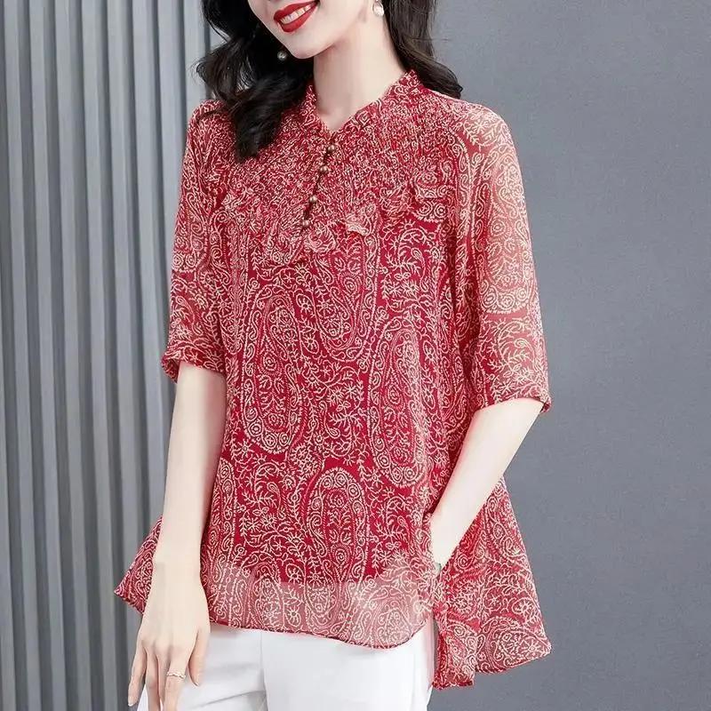 Fashion Floral Chiffon Women Spring Summer Casual Loose Blouses Elegant O-Neck Fungus Shirts Large Size Tops Blusas DM0105