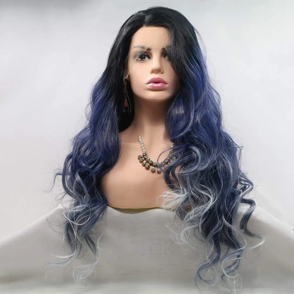 Long Ombre Blue Wig Synthetic Lace Front Wigs for Women Hair Blonde Tips Body Wave Heat Resistant Fiber Hair Wig Middle Parting