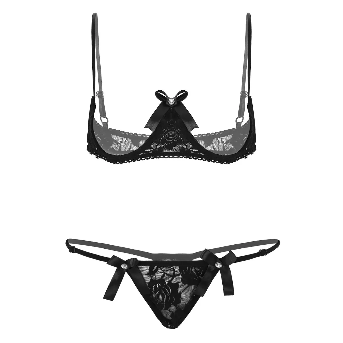 

Women Open Cup Bra Top Sexy Cupless Exposed Breasts Underwired Bra with G-string See Through Sheer Lace Sexy Exotic Lingerie Set