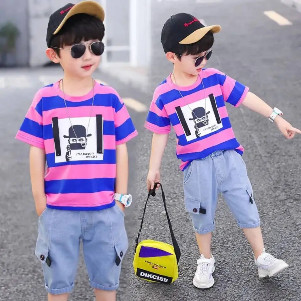 Summer Baby Boys Clothes Suit Stripe Cotton T-shirt+Jeans Short Pant 2PCS Set Kids Boys Clothing  For 3 4 5 6 7 8 9 10 11 12 Yrs