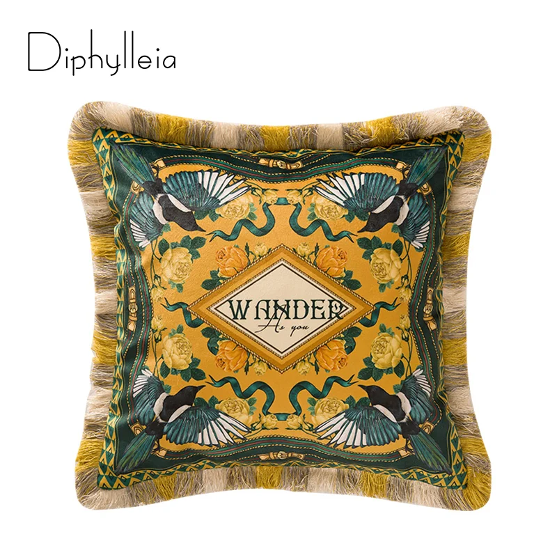 Diphylleia Rustic Style Cushion Cover Birds And Flowers Velvet American Garden Outdoor Fringed Pillow Case Luxury Coussins