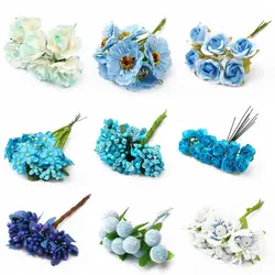 6/10/12/50/60/70/90/144pcs Beautiful Blue Flower Cherry Stamen Berries Bundle DIY Christmas Wedding Gift Box Wreaths Decor