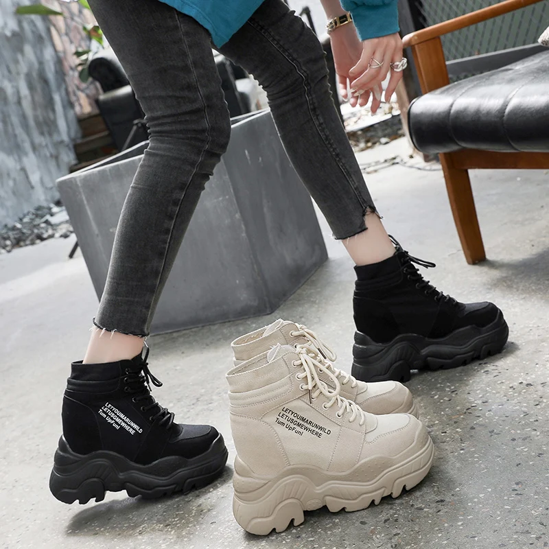 2022 New Autumn Boots Women High Platform Sneakers 12CM Height Increasing Ankle Boots Thick Sole Breathable Canvas Shoes Woman