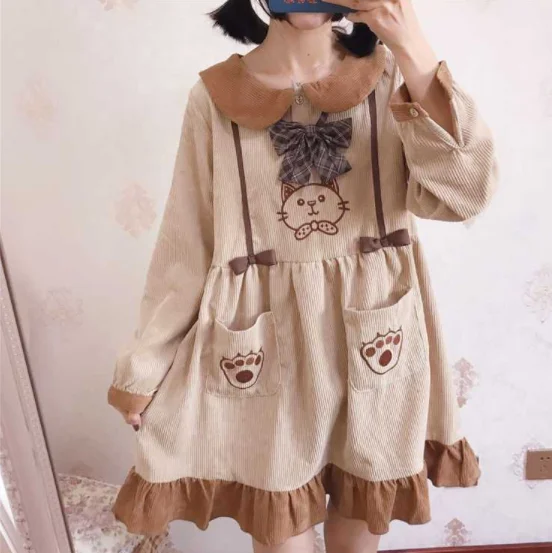 Vestido de manga larga de encaje para mujer, vestido femenino de lolita, con cuello de muñeca, estampado bonito, retro