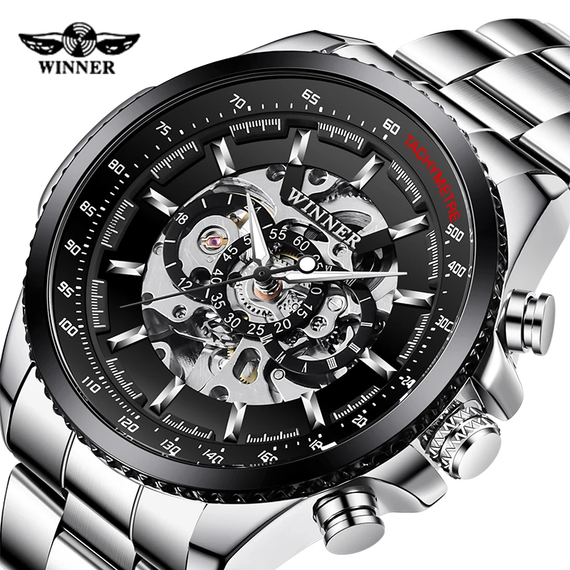 

Fashion Winner Top Brand Men Skeleton Mechanical Full Stainless Steel Automatic Sport Business Wrist Watch Relogio Masculino