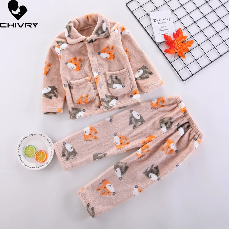 Neue Kinder Weiche Flanell Pyjama Sets Baby Jungen Mädchen Herbst Winter Verdicken Warme Hause Tragen Revers Langarm Schlaf Bekleidung sets