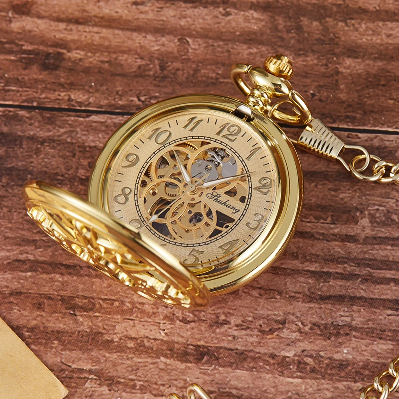 Fashion Unique Design Steampunk Skeleton Mechanical Pocket Watch Men Antique Luxury Brand Necklace Pocket & Fob Watches Chain Ma