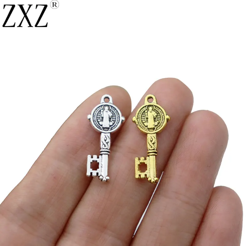 

ZXZ 50 x Tibetan Gold/Silver Tone Key & Saint Benedict Cross Crucifix Round 2 Side Charms Pendant for Jewellery Making 24x10mm