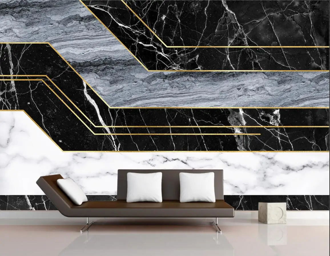 Customized Wallpaper marble golden stripes TV background mural home decoration living bedroom black and white marble wallpaper
