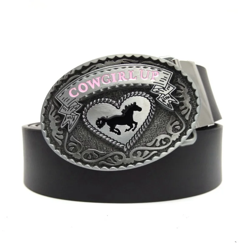 

Black Casual Waist Belts for Women with Western COWGIRL UP Horse Big Metal Buckle Fashion Female Accessories Unique Gifts