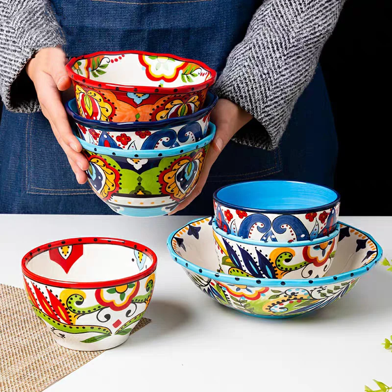 

Bohemian Hand-Painted Ceramic Salad Bowl Rice Ramen Bowl Soup Bowls Fruit Home Breakfast Cereal Household Kitchen Tableware
