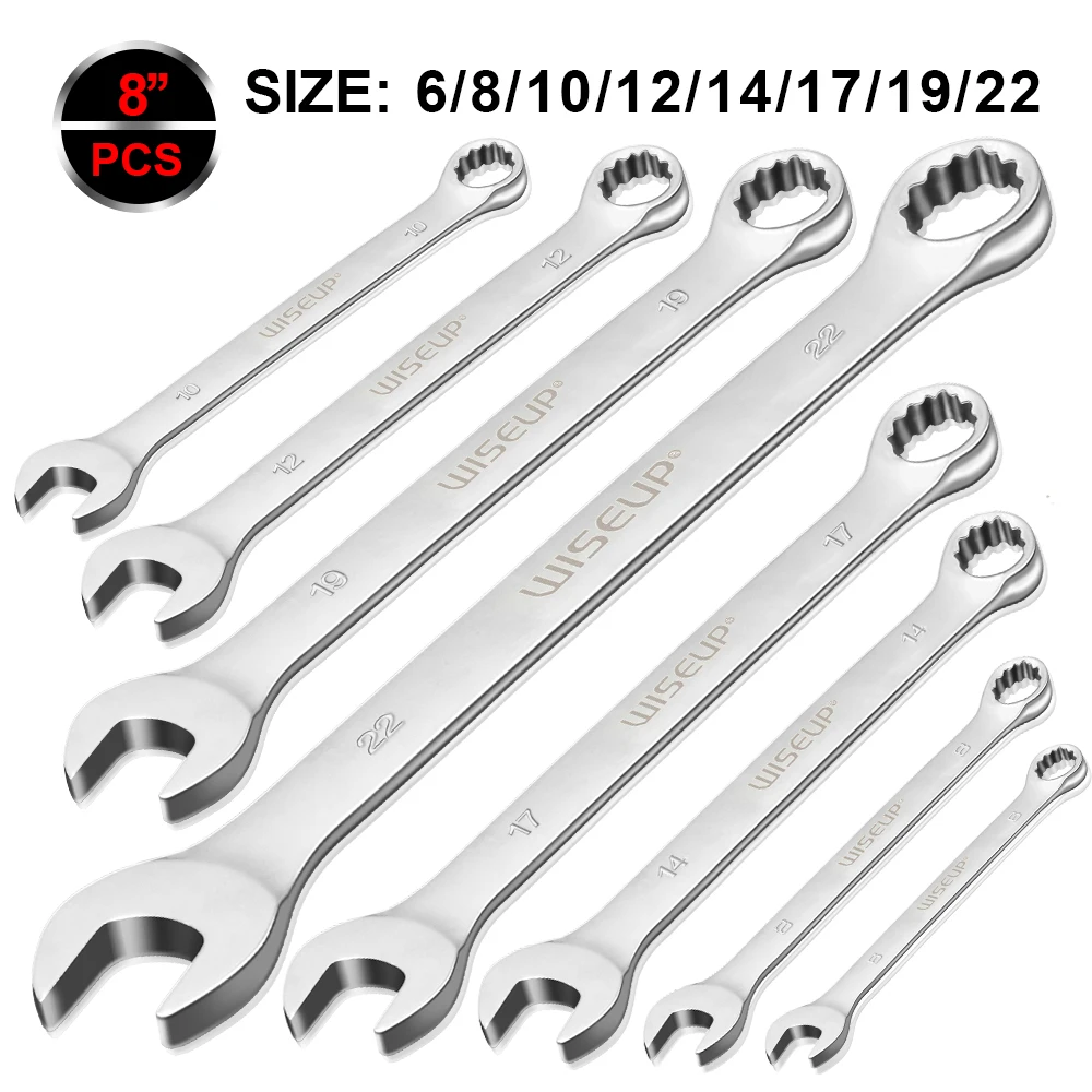 WISEUP 8 Pcs Wrench Set Gear Ring Torque Socket Metric Combination Ratchet Spanners Set Car Repair Stainless Steel Hand Tools