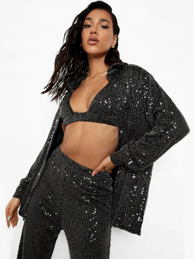 Hbenna Sparkly 3Pcs Set Frauen Party Outfits Für Frauen Sequin Top Bluse Hemd Und Hosen Anzug Weibliche Luxus Set zwei-stück Frauen