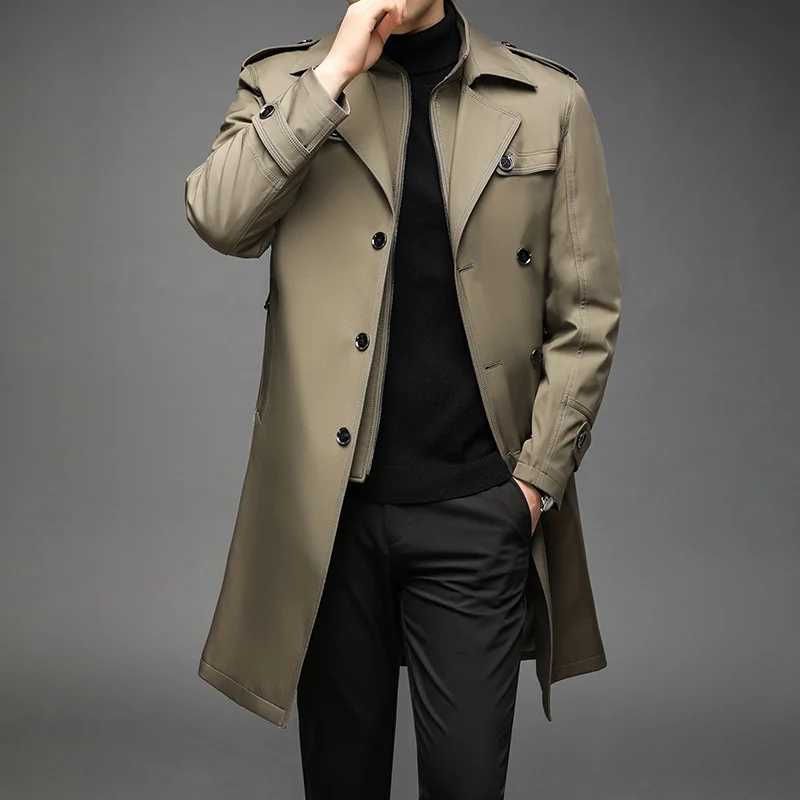 New Trench Coat Men Long Liner Detachable Smart Casual Windbreakers Mens Long Jackets Solid Color Turn Down Collar Trench Coat