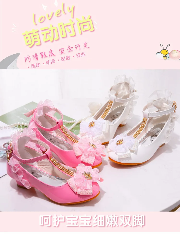 Prinsessen sapatos de escola moda crianças flor de cristal meninas sapatos para festa e casamento das crianças sapatos de couro de dança de salto alto