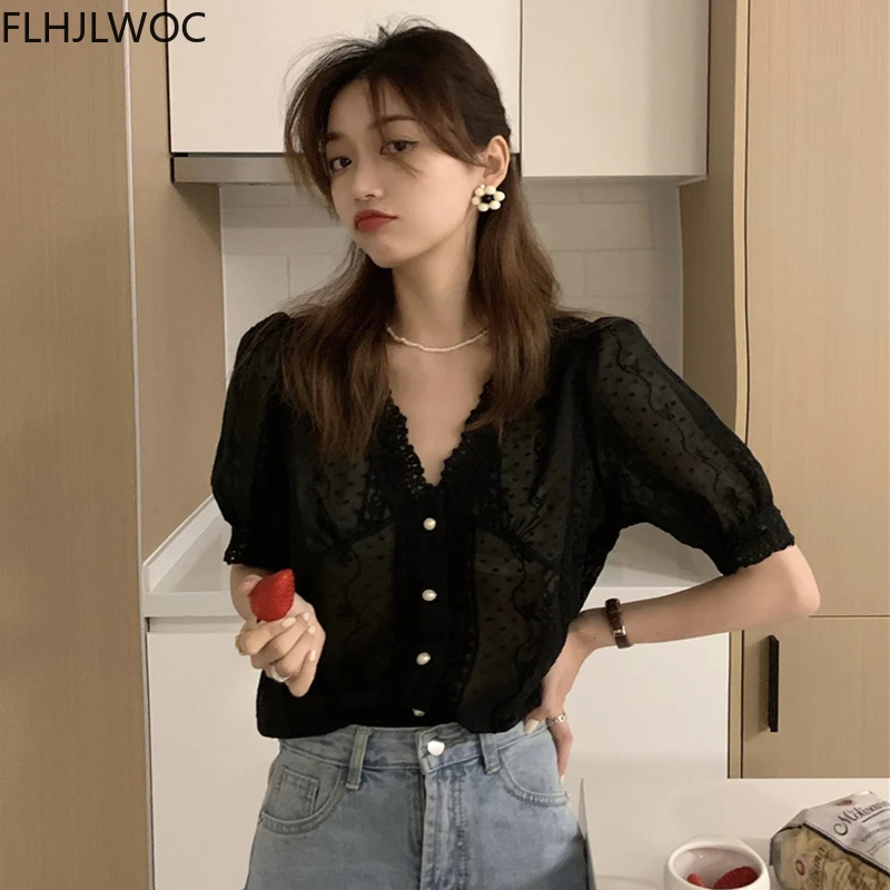 Embroidery Cute Chic Top Women Summer Korea Japanese Preppy Style Single Breasted Button Vintage White Short Shirt Blouses