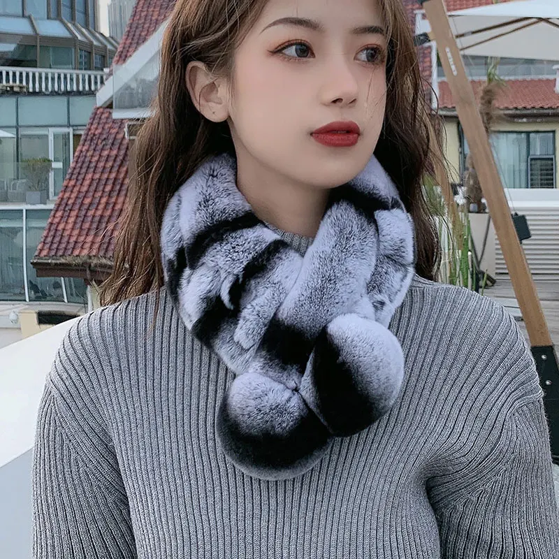 Women Winter Warm Scarf  Real Rex Rabbit Fur Chinchilla Color Female fur muffler Wraps Gift F2