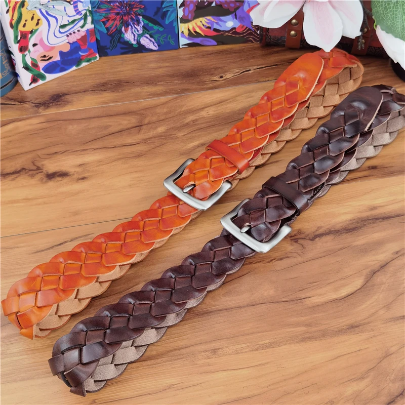 Braided Belt Luxury Leather Men Belt Ceinture Vintage Women\'s Belt Real Leather Belts For Women Waist knitted Belt Lady MBT0508