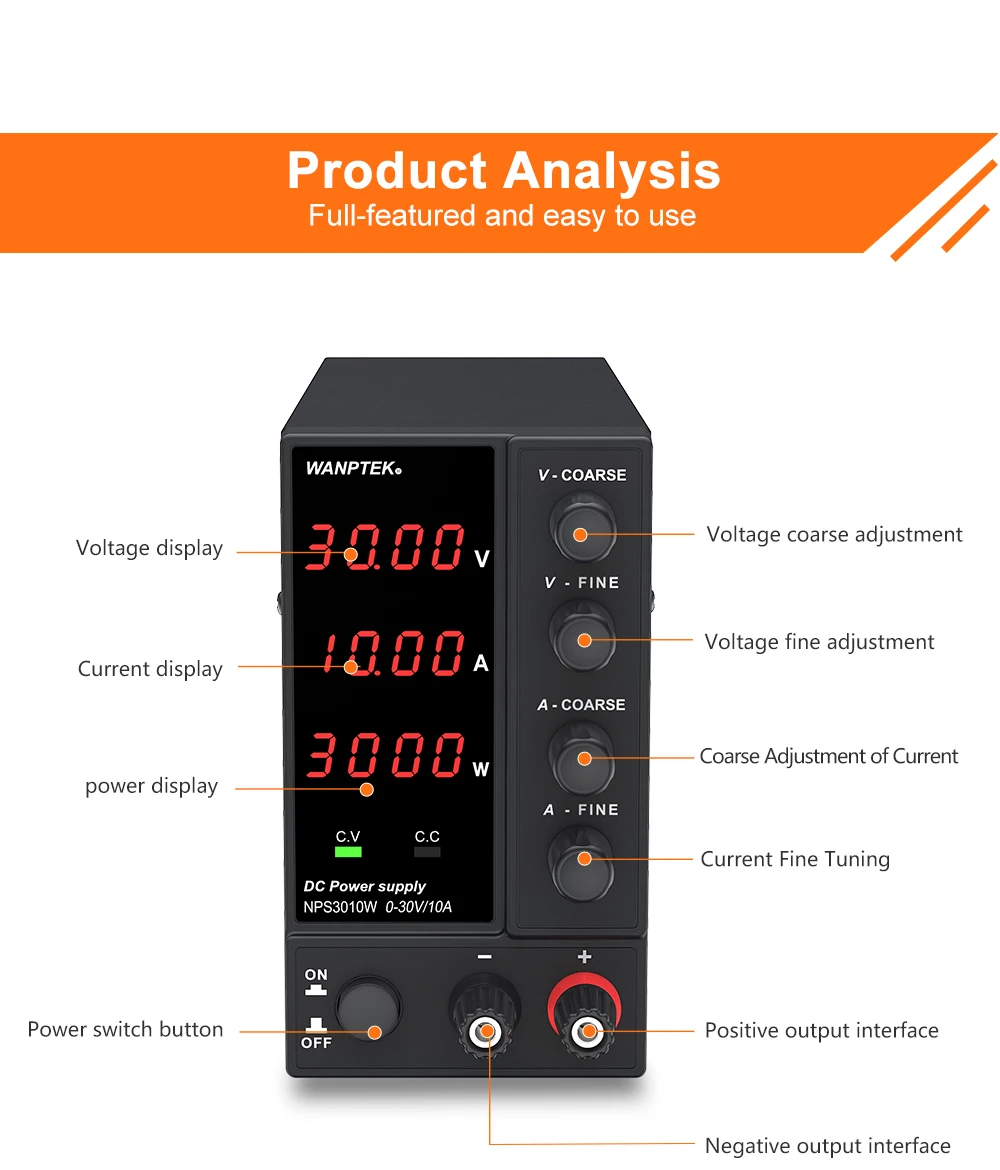 Wanptek Laboratory DC Power Supply Adjustable 30V 10A with Digit Display Voltage Regulator Stabilizer Switching Power Supply