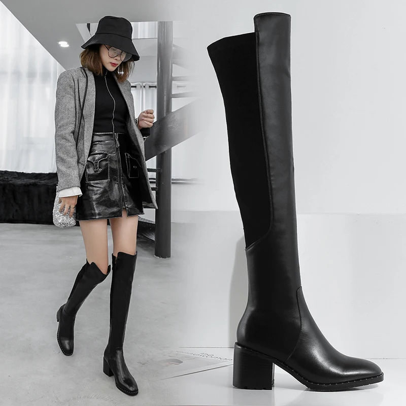 Genuine Leather Women\'s High Boots Fashion Slip-On Over-the-Knee Women Boots 2021 Autumn Winter Flock Round Toe Stretch Boots