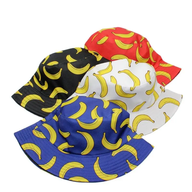 Outdoor Summer Autumn Banana Printed Cotton Polyester Lightweight Bucket Hat Unisex Sunshade Decoration Panama Fisherman Cap 110