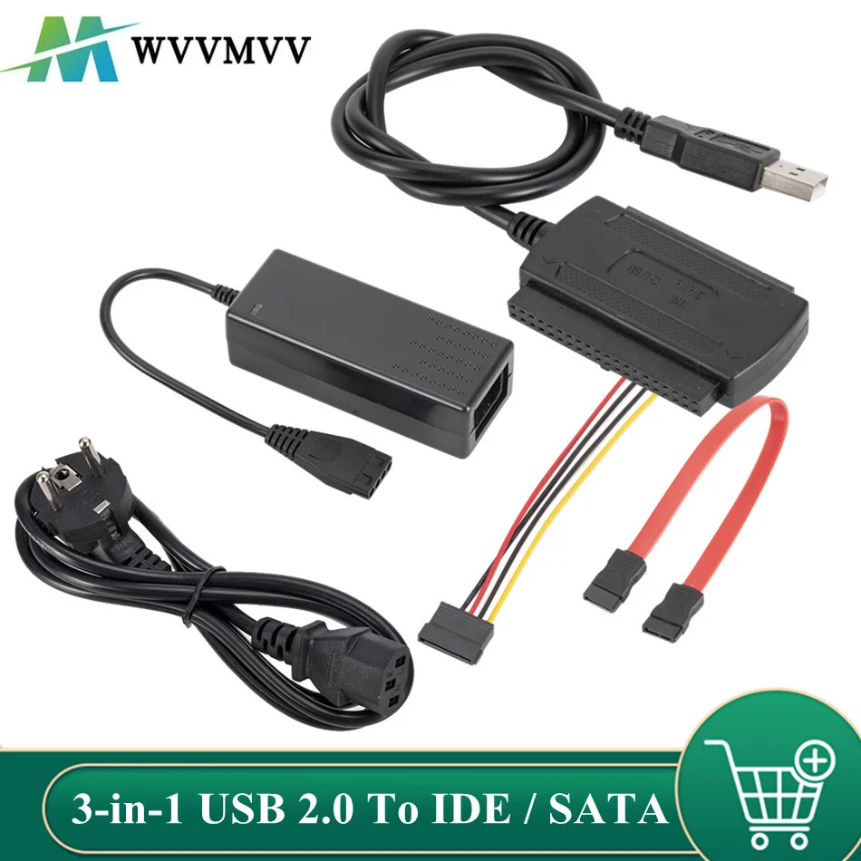 WVVMVV новый 3-в-1 USB 2,0 для IDE / SATA 2,5 дюйма, 3,5 дюйма, жесткий диск HDD SSD 480 Мбит/с, кабель адаптера преобразователя интерфейса данных