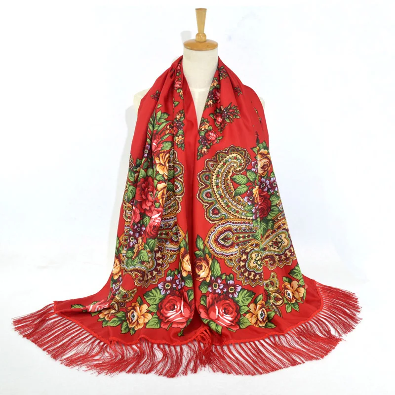 Women Scarf Winter Shawl Female Russian Babushka Long Hijab Floral Pattern Dupatta Retro Ukrainian Polish Fringed Spain Scarf