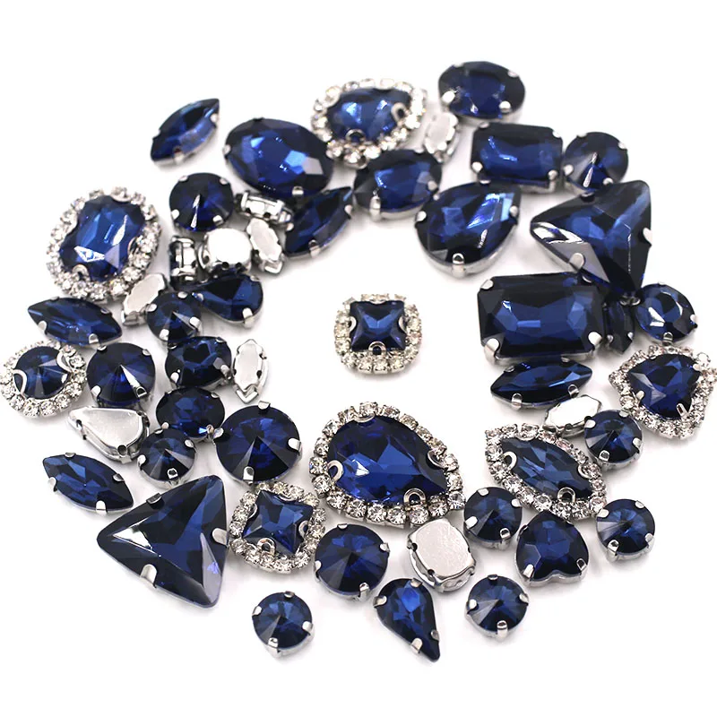 50pcs/Bag Ink-blue Mixed Shape Sew on Glass Rhinestone Silver Claw and Crystal Buckle Diy Wedding Decoration Clothes/Shoe/Dress