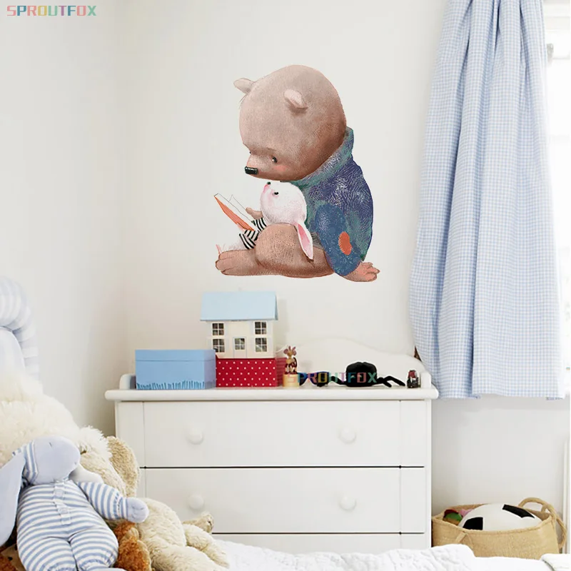 Cute Bear with Little Bunny Wall Sticker for Baby Room Living Room Nursery Home Decoration Cartoon Animal Papa Bear Rabbit Decal