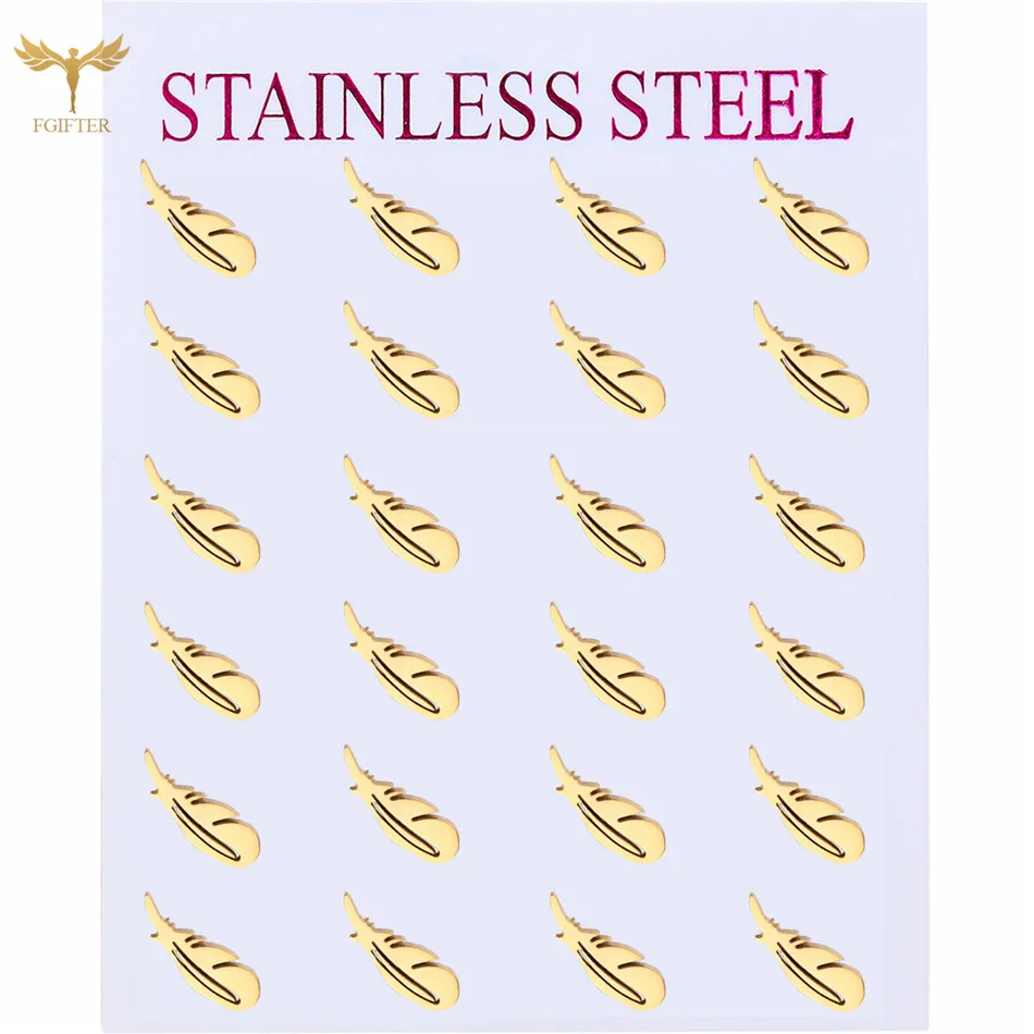 12 Pairs Stainless Steel Stud Earrings Set for Women Small Feather Design Ear Piercing Jewelry Wholesale Golden Accessories Gift