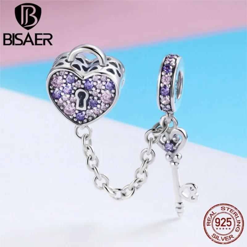 

BISAER Real 925 Sterling Silver Key Lock Of Heart Charms Pink CZ Heart Beads Fit For Women Bracelet DIY Jewelry Making ECC772