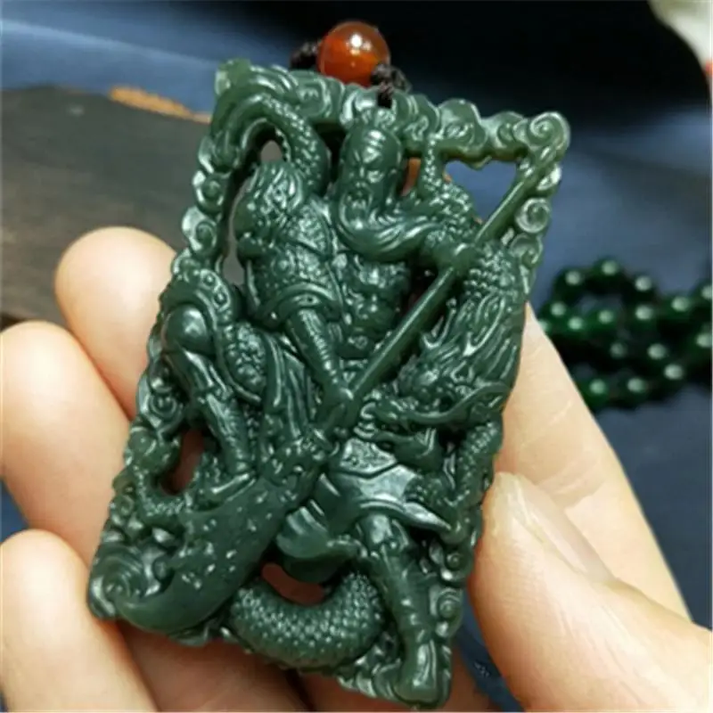 Xinjiang Hetian Jade Green Jade Necklace Pendant Carved Two-Sided Guan Gong&dragon Men's and Women's Sweater Chain Gift Amulet