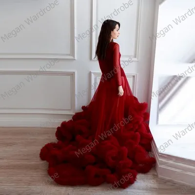 Sexy Red Frauen Sheer Sehen Durch Lange Tüll Kleider Puffy Rüschen Röcke Langen Ärmeln Kleid Für Frauen Party Kleid vestidos