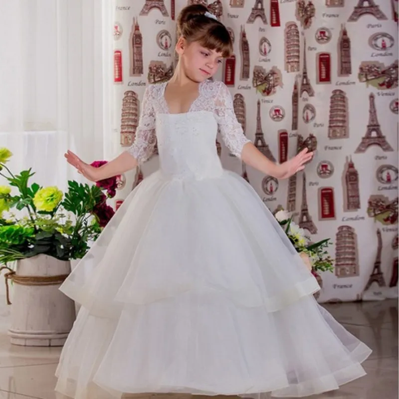 Vestido de princesa infantil para desfile, de meia manga, com rendas e flores, para casamento, tutu até o chão para meninas