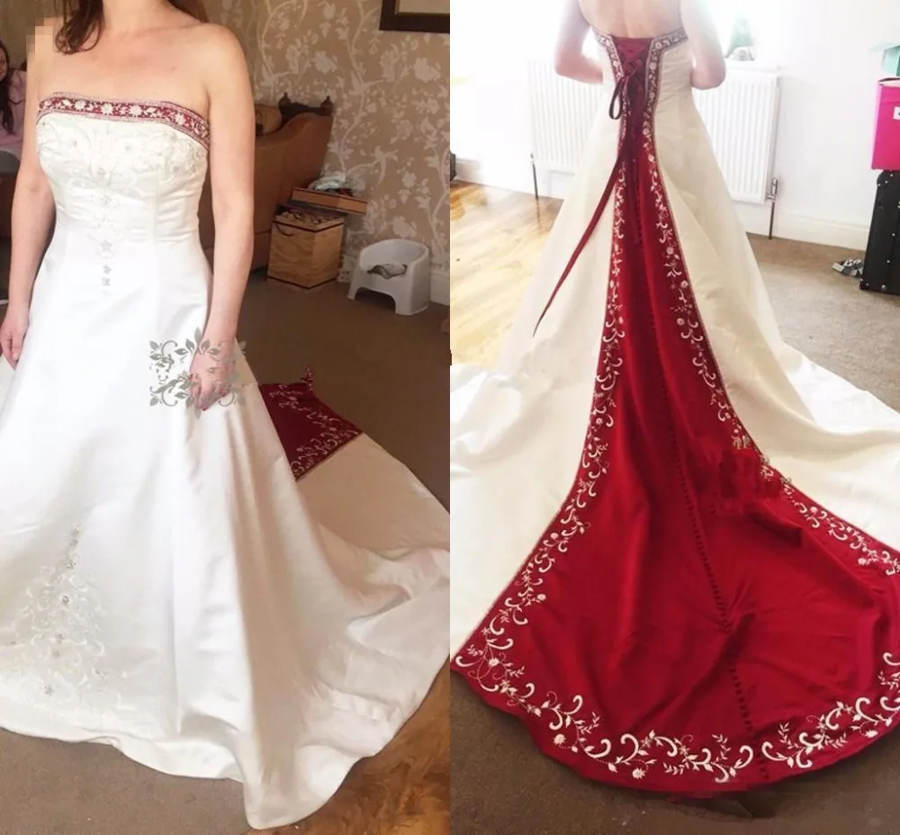 Wine Red And White Wedding Dress Embroidery Elegant Satin A-Line Long Bridal Gowns Lace-Up Event Dress For Women 2024 Customized