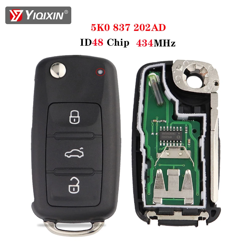 YIQIXIN 434MHz ID48 Chip Remote Car Key For Volkswagen VW Caddy Beetle Bora Golf Seat Tiguan Toledo Polo Skoda 5K0837202AD