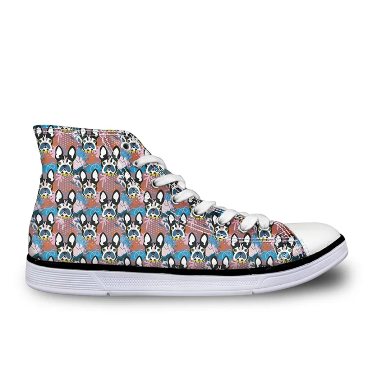 

Cartoon Bulldog Print Pattern Casual Canvas Shoes Women's High Top Vulcanize Running Shoes Berathable Female Sneakers