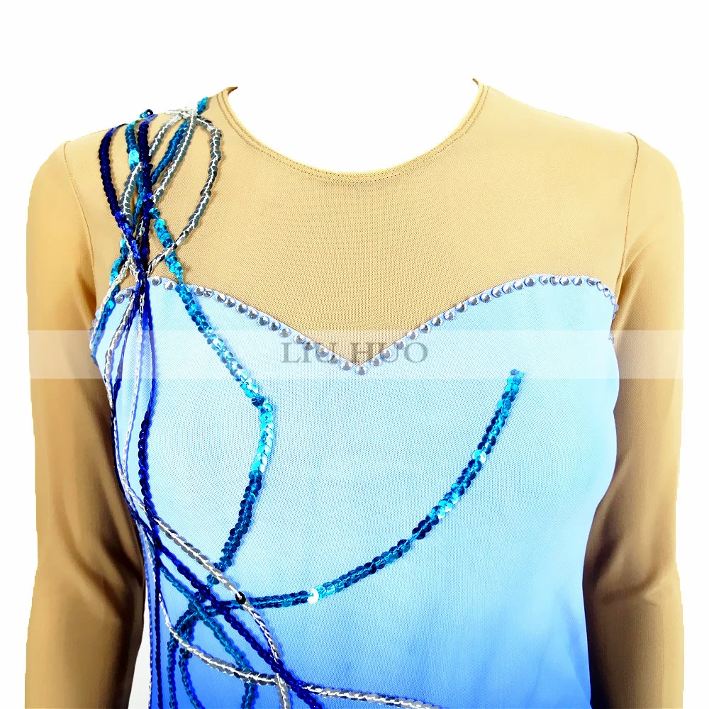 LIUHUO Women Girl Adult Performance Ballet Gymnastics Competition Leotard Ice Figure Skating Dress Dance Blue Gradient Roller