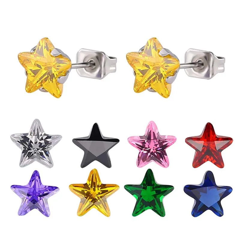 4mm/5mm/6mm/7mm/8mm Colorful Star  CZ AAA Cubic Zirconia Stud Earrings Stainless Steel Titanium Steel Earrings For Women Jewelry