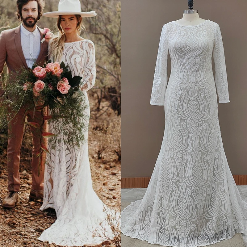 #4053 2021 New Elegant Lace Bateau Long Sleeves Boho Wedding Dress Backless Plus Size Rustic Bridal Photoshoot Gown Custom Made