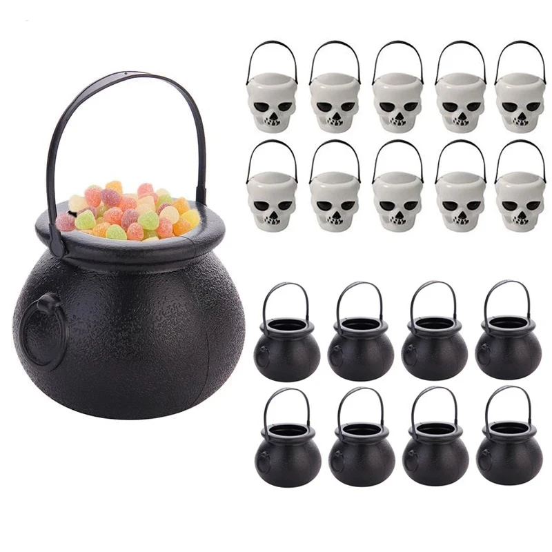 5pcs Halloween Mini Candy Bucket Pot Witch Skeleton Cauldron Holder Jar Trick Or Treat Halloween Party Decoration Props Kids Toy