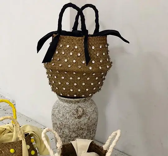 Hand Embellished Straw Bag With Pearl Ladies Woven Basket Straw Bag With Diamonds Messenger Bag For Women Handbags and Purses