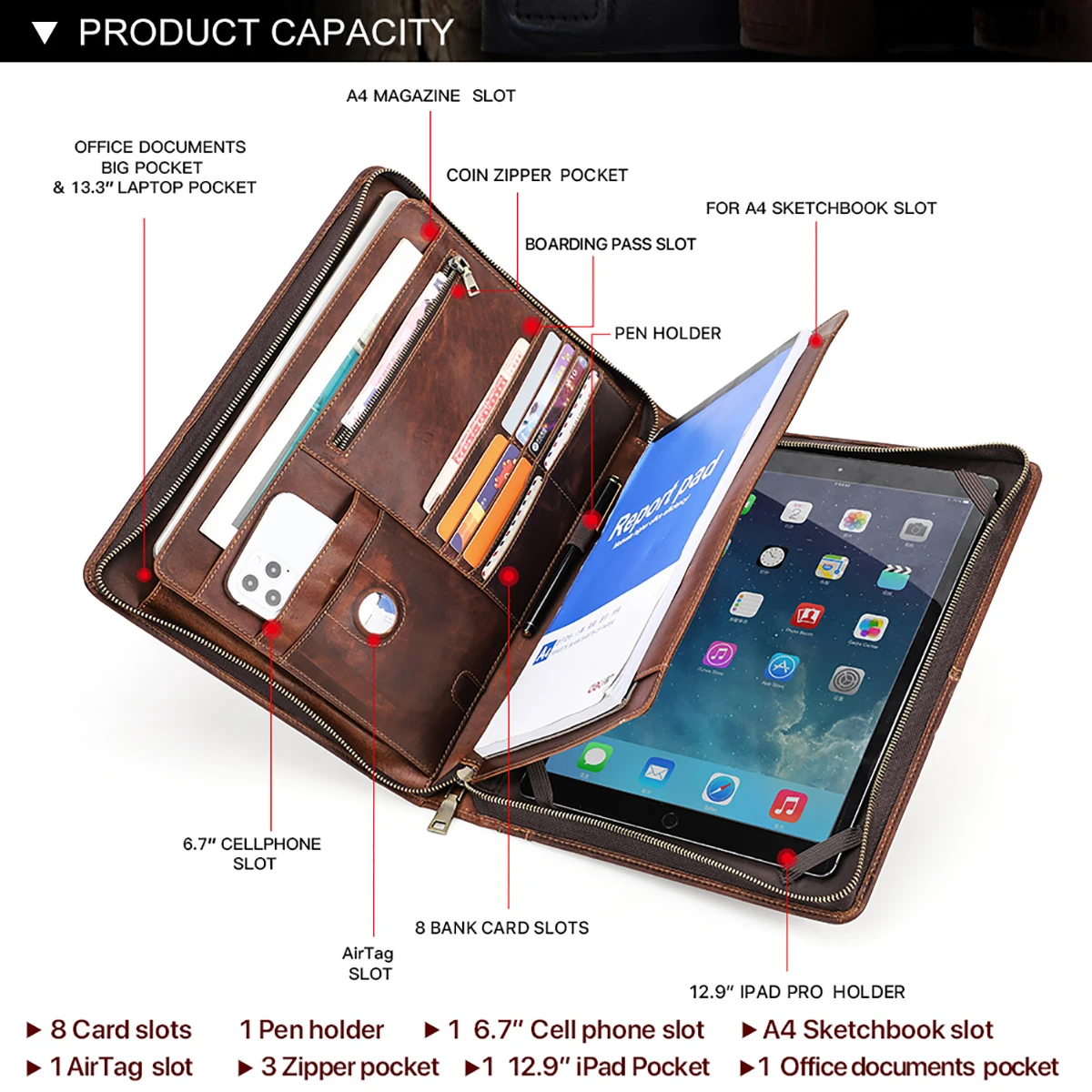 Genuine Leather A4 Portfolio Cover For iPad Pro/Air 13 Pro 12.9 Galaxy Tab S7+ S8+ S9+ Case Macbook Pro/Air 13 Laptop Handbag